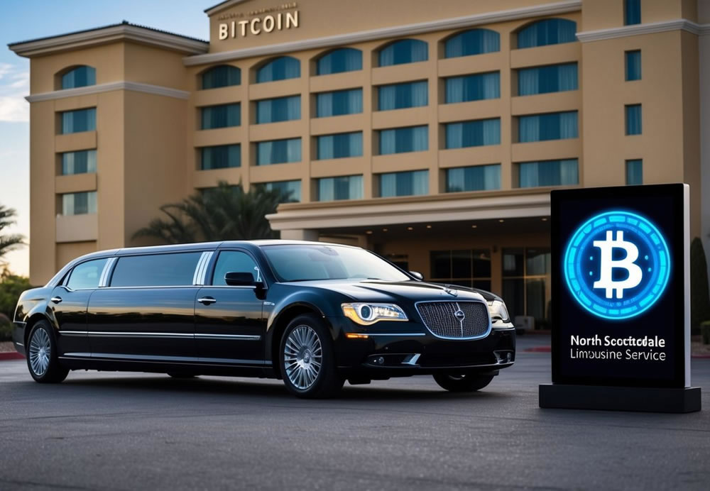 A sleek limousine parked in front of a luxury hotel, with a digital sign displaying the Bitcoin logo and the words North Scottsdale Limousine Service.