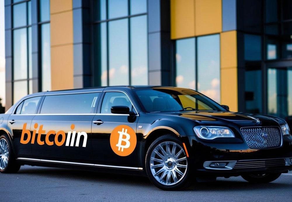 A luxurious limousine parked outside a modern building, with a Bitcoin logo displayed prominently on the door