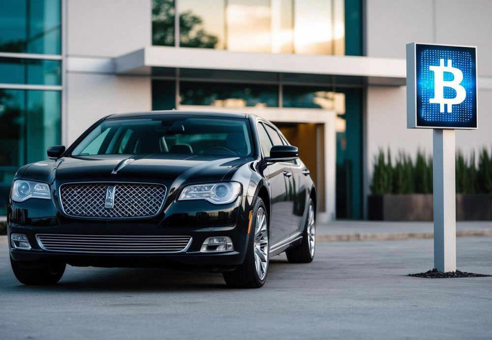 A sleek limousine parked in front of a modern building, with a digital Bitcoin logo displayed on a sign next to the entrance