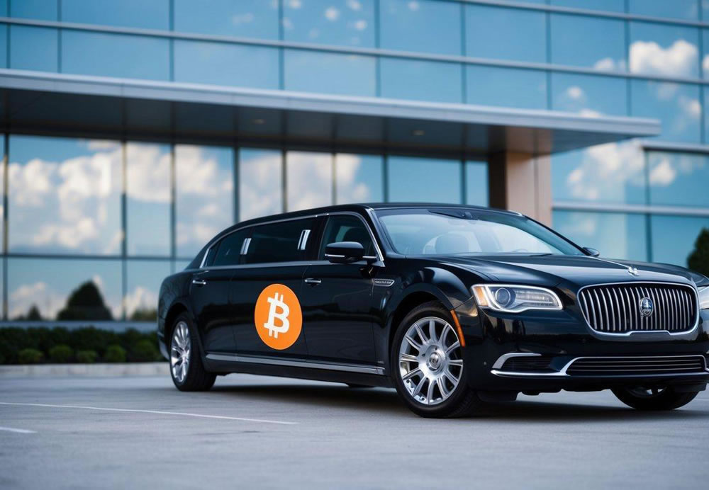 A sleek limousine parked in front of a modern building, with a Bitcoin logo displayed prominently on the vehicle