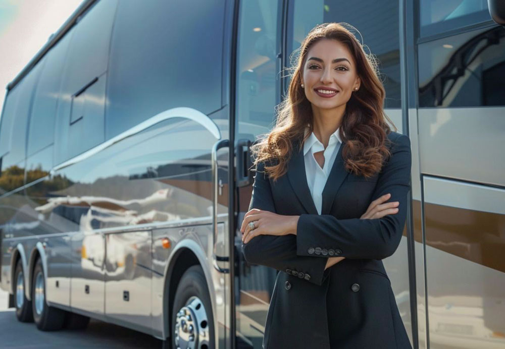 A business women is standing in front of a black bus