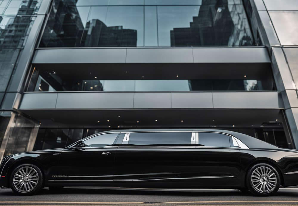 A black limousine parked in front of a building